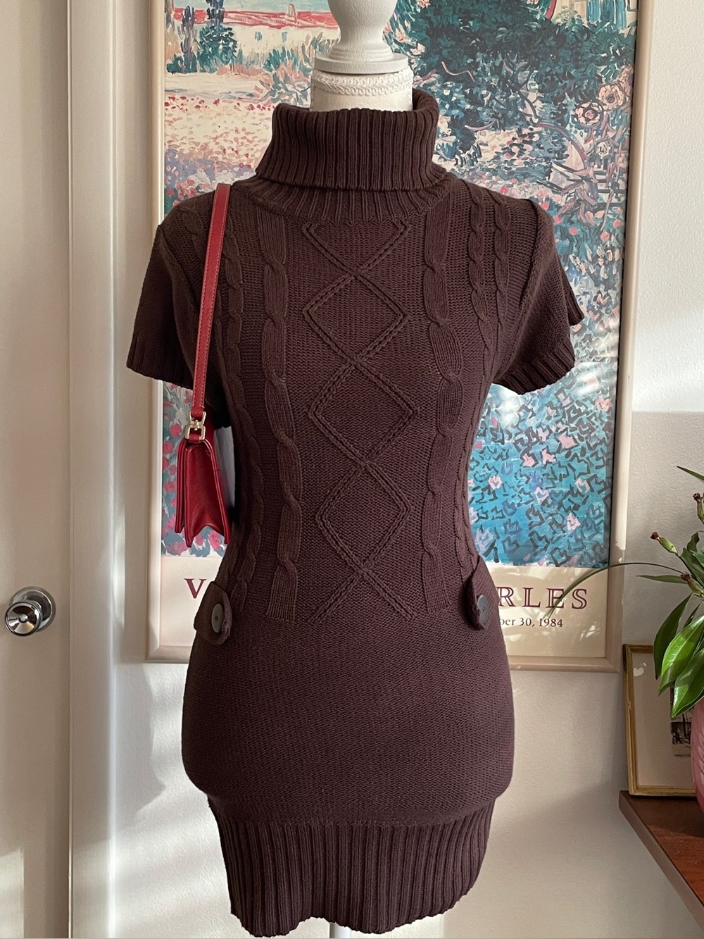 Vintage Y2K Turtleneck Dress Womens Small Brown Cable Knit Preppy Twee Academia